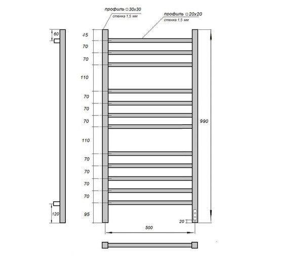 Полотенцесушитель электрический Point Вега П12 500x1000, диммер справа, хром