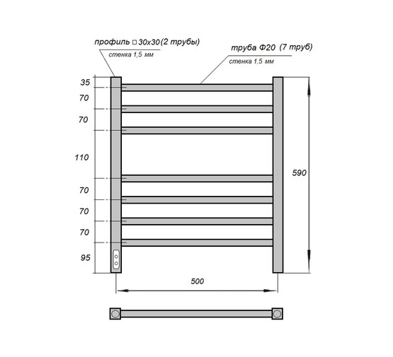 Полотенцесушитель электрический Point Веста П7 500x600, диммер слева, бронза