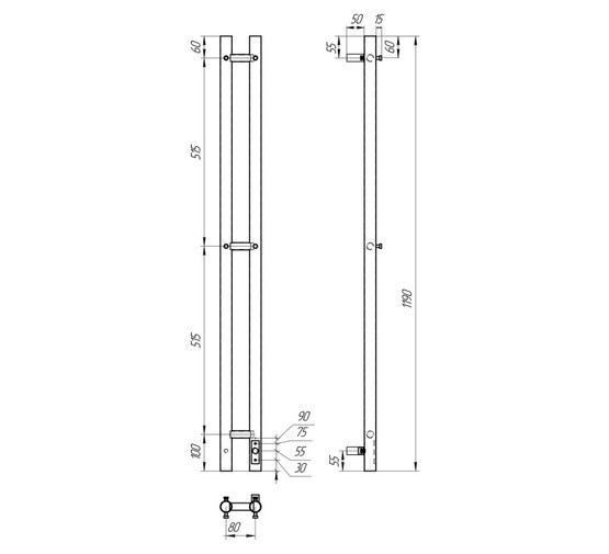 Полотенцесушитель электрический Point Деметра П2 80x1200, диммер справа, хром