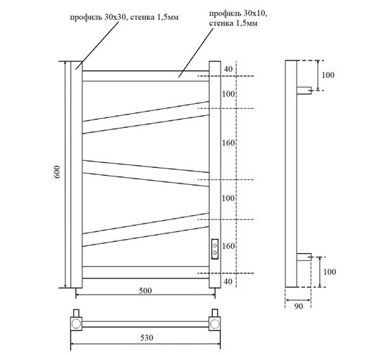 Полотенцесушитель электрический Point Феникс П5 500x600, диммер справа, хром