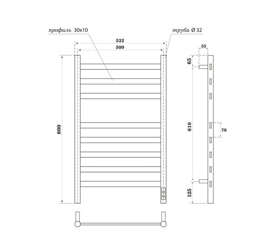 Полотенцесушитель электрический Point Селена П6 500x800, диммер справа, графит