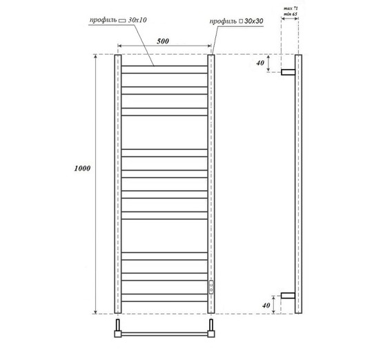 Полотенцесушитель электрический Point Меркурий  П10 500x1000, диммер справа, белый