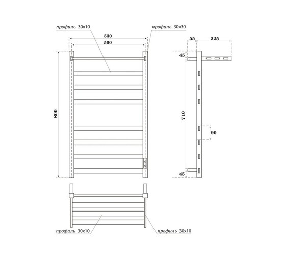 Полотенцесушитель электрический Point Меркурий с полкой П7 500x800, диммер справа, белый