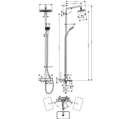 Душевая система HANSGROHE Croma E Showerpipe 280 1jet 27687000 со смесителем термостат
