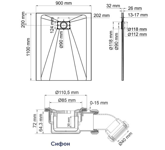 Душевой поддон Wasserkraft Main 41T15 1100x900 SMC текстурный белый