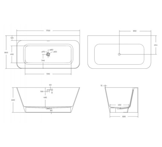 Ванна из литьевого мрамора  Cezares Liner 1700x800 белый матовый