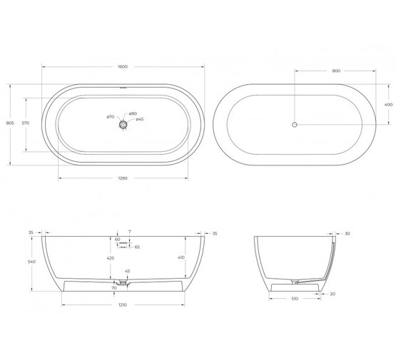 Ванна из литьевого мрамора  Cezares Stylus 1600x800 белый матовый