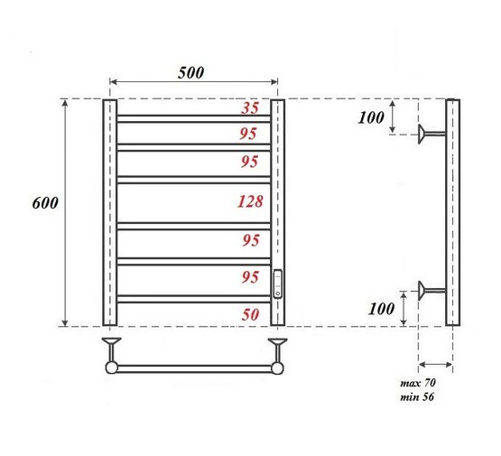 Полотенцесушитель электрический Point Аврора П6 500x600, диммер справа, графит премиум