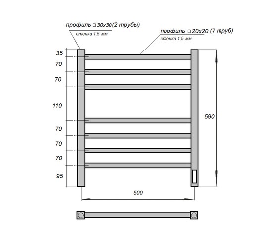 Полотенцесушитель электрический Point Вега П7 500x600, диммер справа, графит блеск