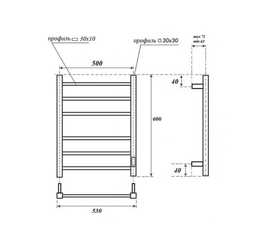 Полотенцесушитель электрический Point Меркурий  П6 500x600, диммер справа, графит премиум