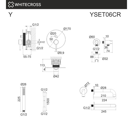 Смеситель для ванны Whitecross Y встраиваемый никель брашированный