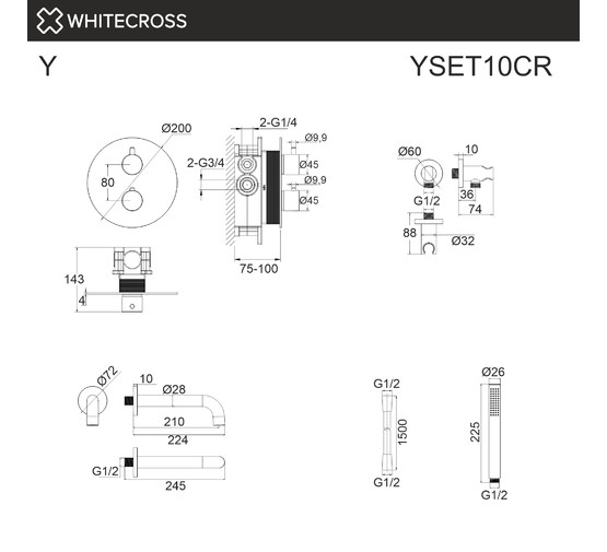 Смеситель для ванны Whitecross Y встраиваемый термостат хром