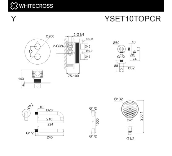 Смеситель для ванны Whitecross Y2 встраиваемый термостат черный матовый