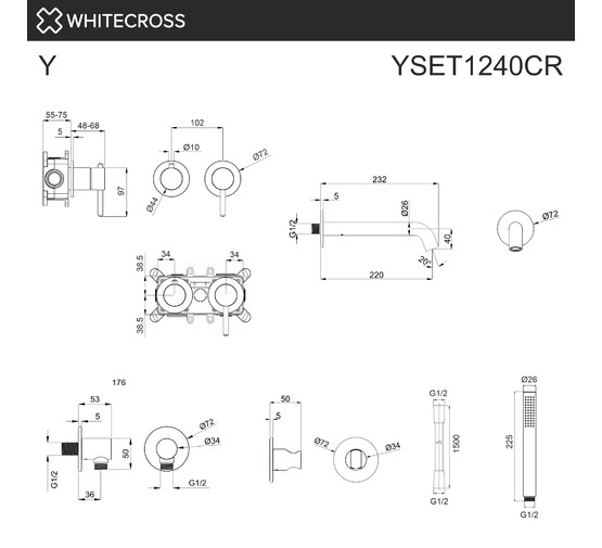 Смеситель для ванны Whitecross Y1240SET встраиваемый оружейная сталь