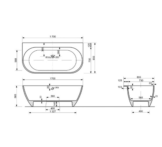 Ванна из литьевого мрамора Эстет Майями 170x85 пристенная