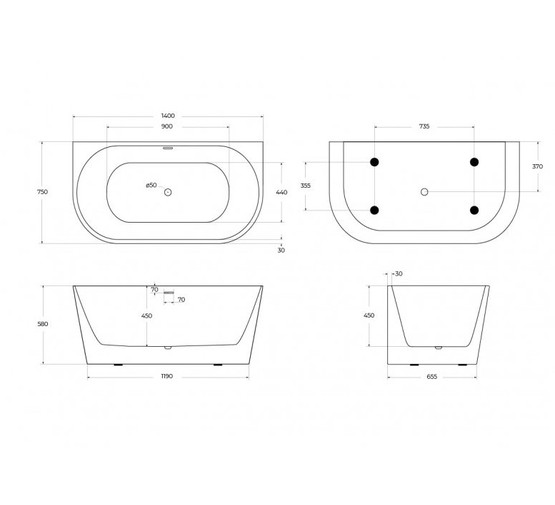 Акриловая ванна BelBagno BB710 140x75 см 