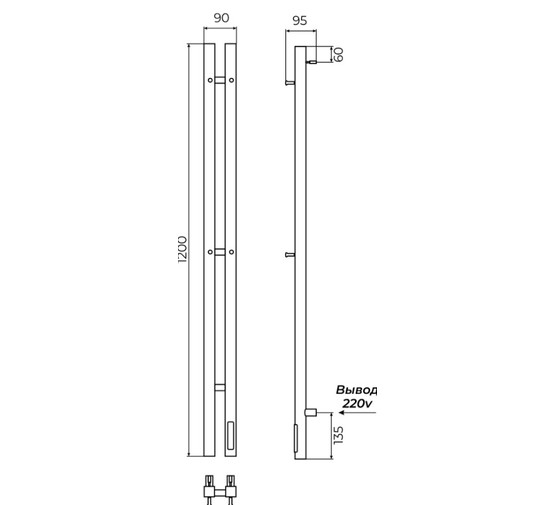 Полотенцесушитель электрический Terminus Стойка Duo проф 1200 П2 хром