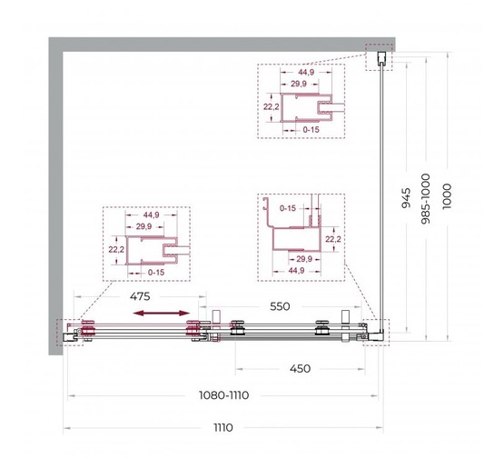 Душевой угол BelBagno Marino 2 AH 1 1100x1000 оружейная сталь, прозр.стекло 